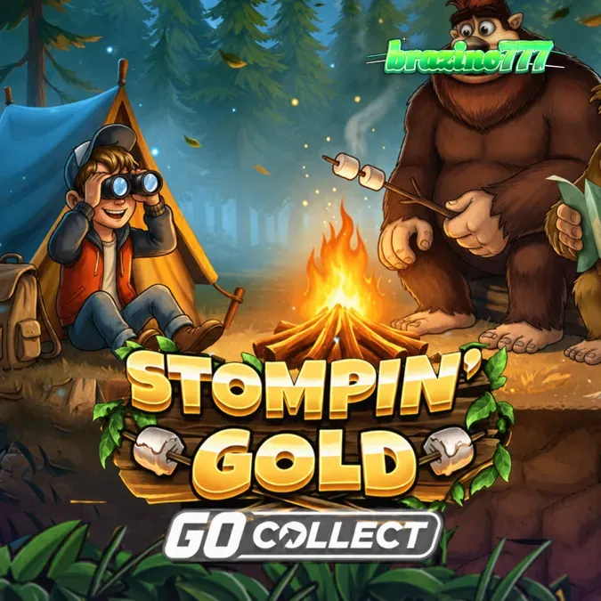 Interface de jogo do slot Stompin' Gold com temática de floresta e Pé Grande